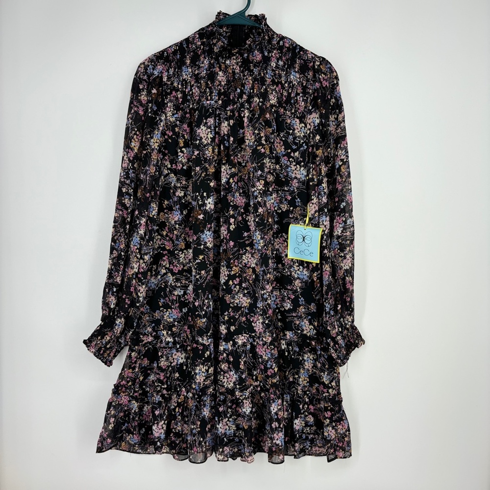 CeCe Womens Medium Ruffled Yoryu Dress Black Ditsy Multi Floral Long Sleeves - Picture 2 of 12